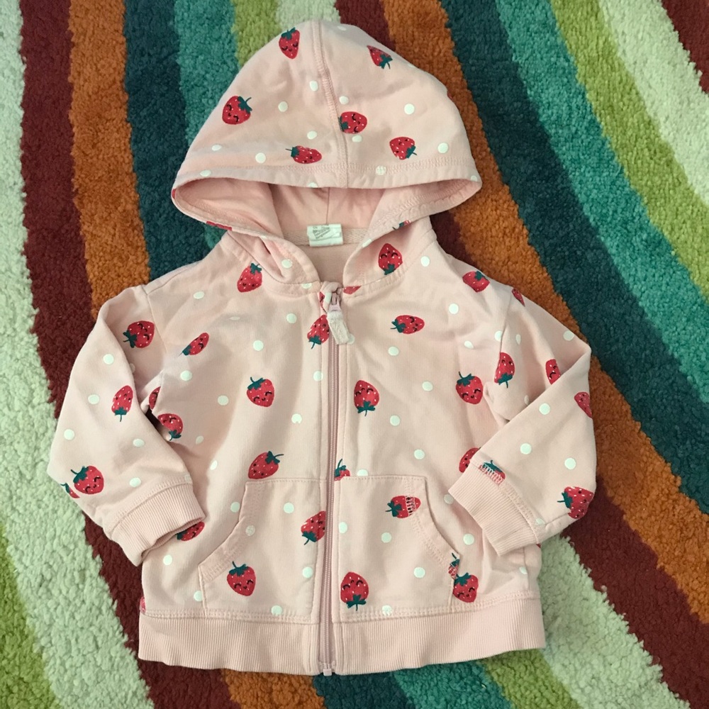 H&M pink zip-up hoodie with strawberry print